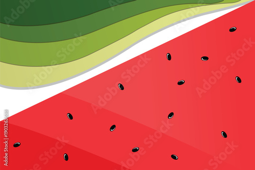 Watermelon slice paper cut background with seed pattern and layered green rind vector