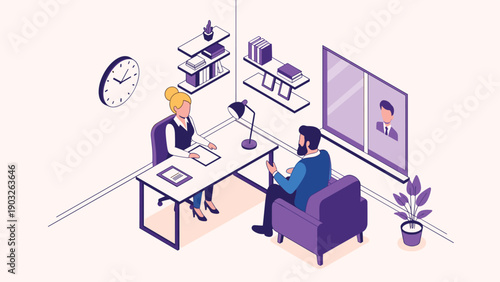 Isometric view of a male candidate during a job interview with a female recruiter in a modern office environment.