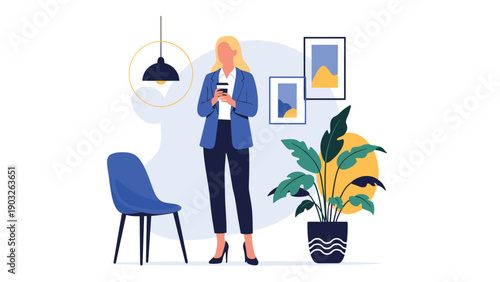 Elegant businesswoman in a blue jacket and black trousers standing in a modern office holding a cup of coffee.