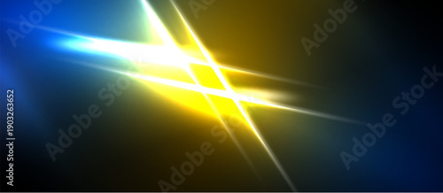 Bright light streaks intersect. Blue, yellow hues dominate dark background. Energetic visual effect, dynamic composition.