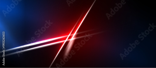 Abstract background features vibrant blue, red light streaks. Diagonal lines intersect creating dynamic visual effect. Dark space dominates composition.