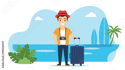 Happy male traveler with a red hat and camera around his neck standing with a blue suitcase on a tropical beach.