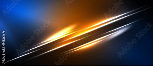 Abstract design features bright orange, blue streaks. Dynamic lines create energy, contrast against dark background. Modern, vibrant composition.