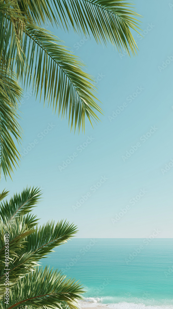 Fototapeta premium Tropical beach scene with palm leaves framing a serene turquoise ocean, perfect for travel themes.