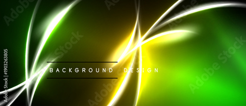 Abstract neon lines over dark green, yellow gradients. Modern design element for digital backgrounds, presentations. Bright illumination creates dynamic visual effect.