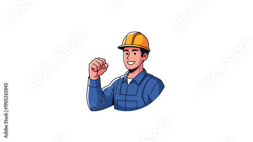 Strong construction worker wearing a yellow hard hat and blue work clothes posing with a clenched fist showing success.