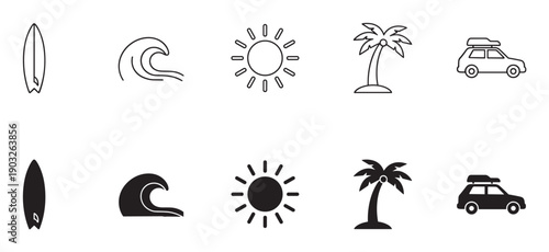 Set of black summer vacation icons featuring a surfboard, wave, sun, palm tree, and car in both line art and solid silhouette styles for travel and leisure concepts
