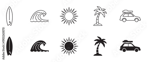 Set of black summer vacation icons including a surfboard, wave, sun, palm tree, and car in both outline and solid silhouette styles for travel and leisure concepts