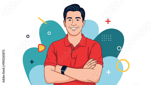 Confident young man in a red polo shirt standing with his arms crossed against a colorful abstract background.