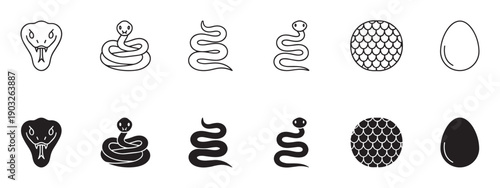 Set of black snake and reptile icons in linear and silhouette styles showing a serpent head, coiled body, slithering form, scales pattern, and an egg for a minimalist design