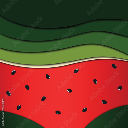 Watermelon paper cut banner background with red flesh, abstract green rind, and black seed pattern vector