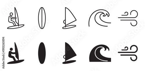 Set of black windsurfing icons showing a windsurfer, surfboard, sail, wave, and wind symbol in both line art and solid silhouette styles for graphic design elements