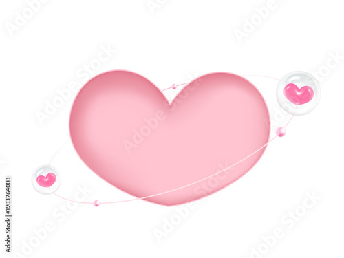 Heart frame on pink background with decoration 3D glossy hearts in soft pink for Valentines Day. Transparent background elements for easy drag-and-drop usage.