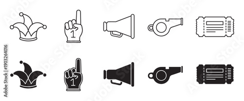 Set of black sports fan icons including a jester hat, foam finger, megaphone, whistle, and ticket, presented in both a simple outline and solid glyph style for graphic design