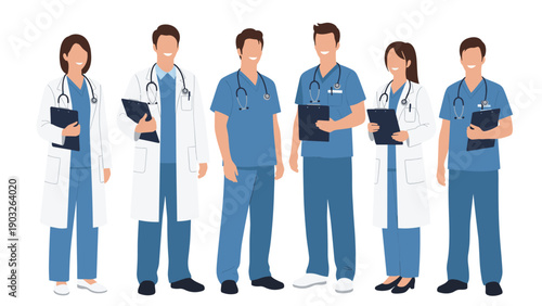 Diverse group of male and female medical professionals in white coats and blue scrubs standing together in a row.