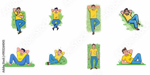 Collection of men relaxing and lying down on green grass outdoors, enjoying leisure time and comfort in various poses.