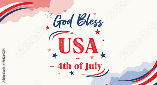 Patriotic 4th of July vector graphic, God Bless USA text with stars and stripes, for banner or poster or social media overlay