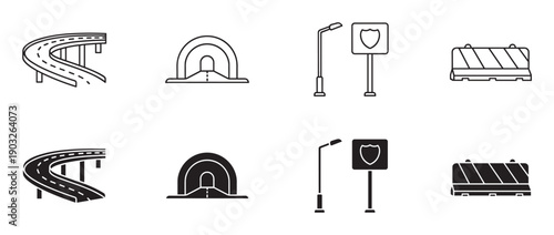 Highway infrastructure and road safety icon collection featuring a flyover, tunnel, street light, shield sign, and barricade in both outline and solid glyph styles