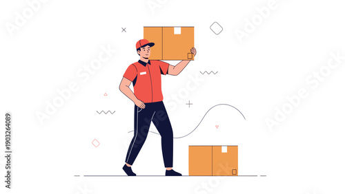 Friendly delivery man in a red uniform and cap carrying a large cardboard box for shipping in a minimalist setting.