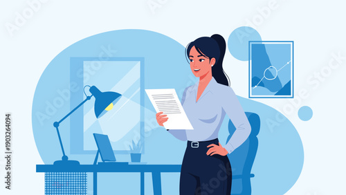 Confident businesswoman standing in a modern office environment while holding a document and looking away with a smile.