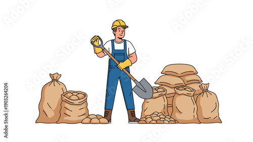 Hardworking farmer or laborer standing with a shovel next to a pile of filled sacks and loose produce representing agriculture and harvest.