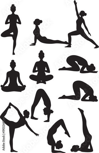 Set of multiple women doing different yoga poses in black isolated on white background