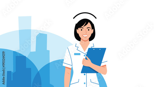 Friendly and smiling female nurse in a white uniform holding a clipboard against a background of blue city skyline for healthcare.