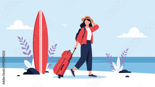 Stylish woman walking along a sunny beach with a red suitcase and a surfboard nearby representing a summer vacation and travel lifestyle.