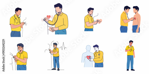 Set of illustrations featuring a male doctor or cardiologist conducting medical checkups and listening to heartbeats with a stethoscope.