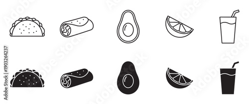 Minimalist vector icon collection of Mexican cuisine featuring a taco, burrito, avocado, lime wedge, and drink, presented in both outline and solid silhouette styles