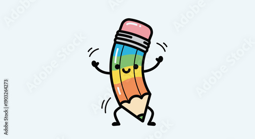 Colorful cartoon pencil character dancing cheerfully with a joyful rainbow design vector