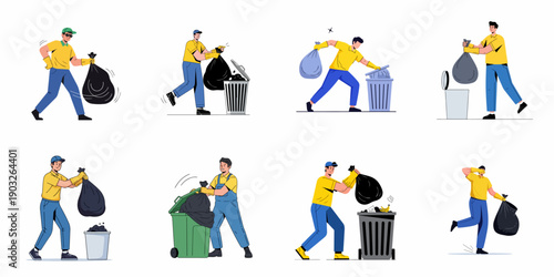 Collection of illustrations showing men cleaning and disposing of trash bags into various garbage cans and dumpsters, symbolizing sanitation work and waste management.