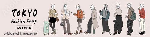 Minimal autumn fashion illustration set of urban men and women outfits