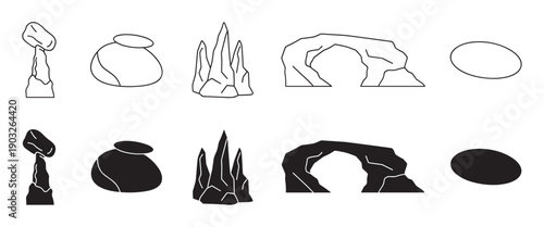 Collection of black rock formation icons in outline and silhouette styles, including boulders, arches, and sharp crystals for graphic design elements