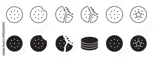 Set of black cookie and biscuit icons showing various states like whole, bitten, broken with crumbs, and stacked, presented in both line art and solid glyph styles