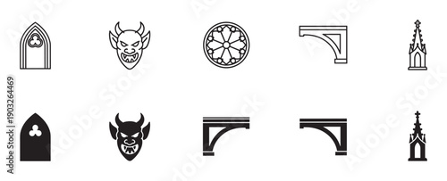 Set of black Gothic architecture icons including a pointed arch, gargoyle, rose window, corbel, and steeple, presented in both line art and solid silhouette styles