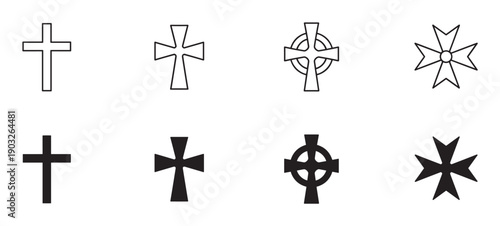 Various Christian cross icons in a set including Latin, Celtic, and Maltese designs, shown as both black line art outlines and solid filled silhouettes for religious graphic illustration