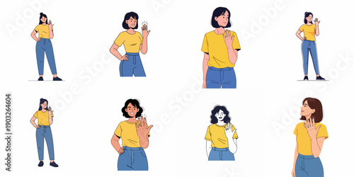 Set of illustrations showing happy women proudly displaying their shining engagement rings after receiving a proposal.