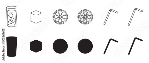 Set of black beverage icons for a cold drink, including a glass, ice cube, citrus slice, and straw, shown in both minimalist outline and solid silhouette styles
