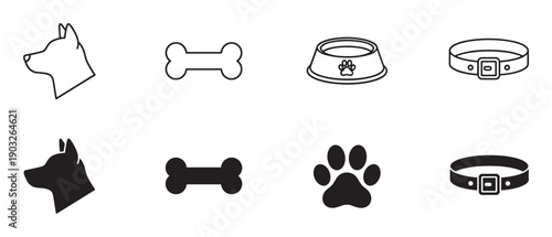 Set of black dog-related icons showing a pet's head, bone, food bowl, collar, and paw print in both outline and solid silhouette styles for graphic design