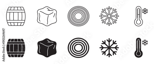 Set of black vector icons featuring a wooden barrel, ice cube, concentric circles, snowflake, and thermometer in both line art and solid glyph styles for design