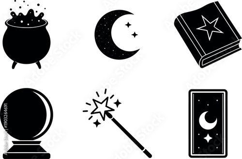 Collection of magical icons including a cauldron, crescent moon, spell book, crystal ball, magic wand, tarot card