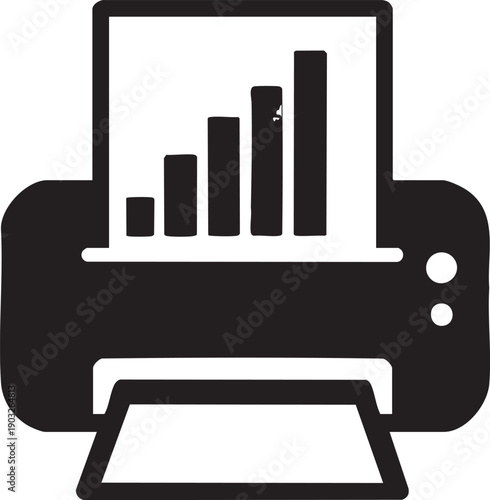 Simple graphic representation of printer with bar chart on screen icon
