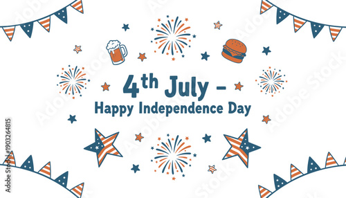 4th of July celebration banner, Independence Day vector illustration, patriotic background with fireworks, stars, and flags, for mockup or social media