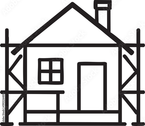 Simple house with scaffolding for construction or renovation works outline design