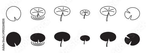 Set of black water lily pad icons in outline and silhouette styles, showcasing various leaf shapes and sizes for a clean, minimalist graphic design element for nature themes