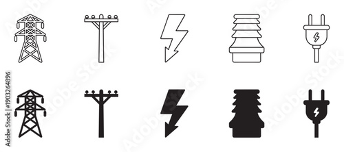 Set of black electricity icons showing a transmission tower, utility pole, lightning bolt, insulator, and plug in both outline and solid silhouette styles for graphic design