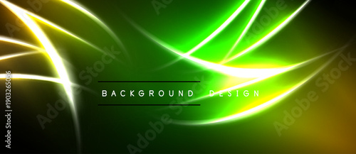Bright neon lines over dark green background. Abstract design with glowing streaks, modern aesthetic. Simple text reads background design.