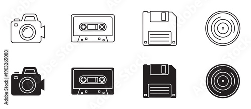 Set of black retro technology icons featuring a camera, cassette tape, floppy disk, and vinyl record in both outline and solid silhouette styles for graphic design elements