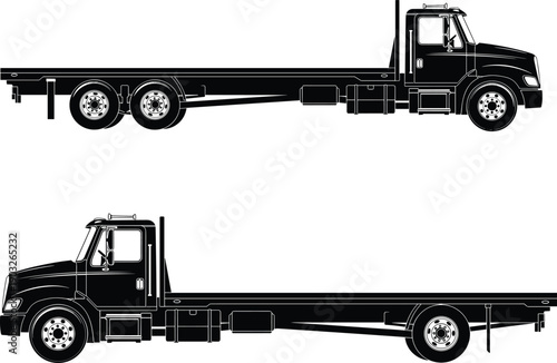 Flatbed truck silhouette illustration, tandem axle design, single axle vehicle artwork, transportation diagram drawing, heavy load carrier image, logistics automotive graphic